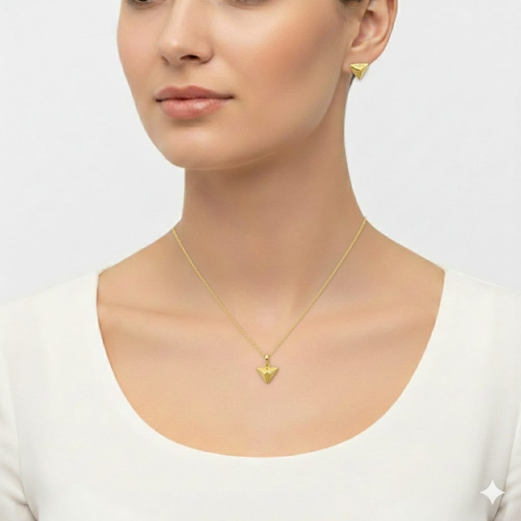 18K Real Gold Triangle Necklace And Earring Set
