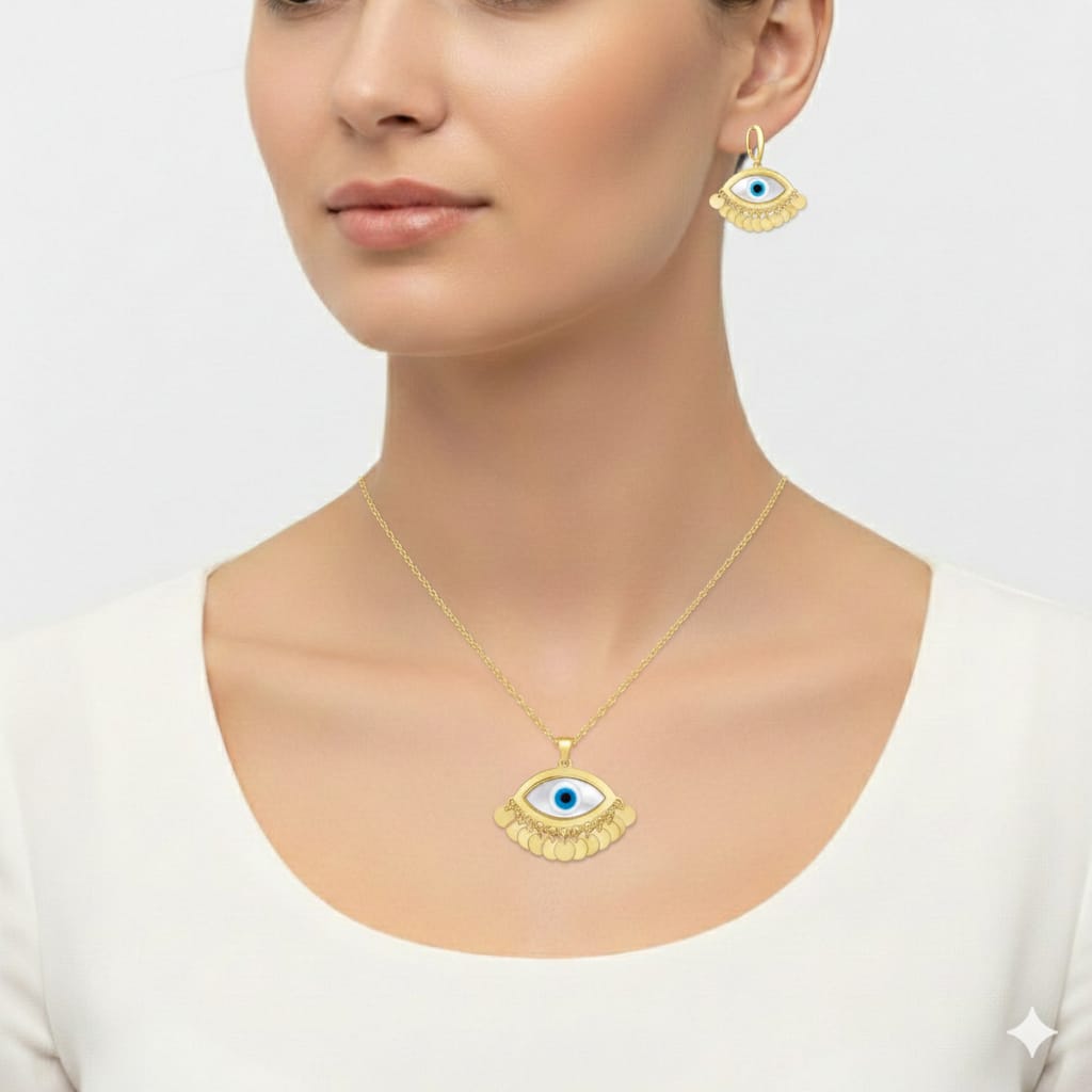 18K Real Gold White Evil Eye Jewelry Set
