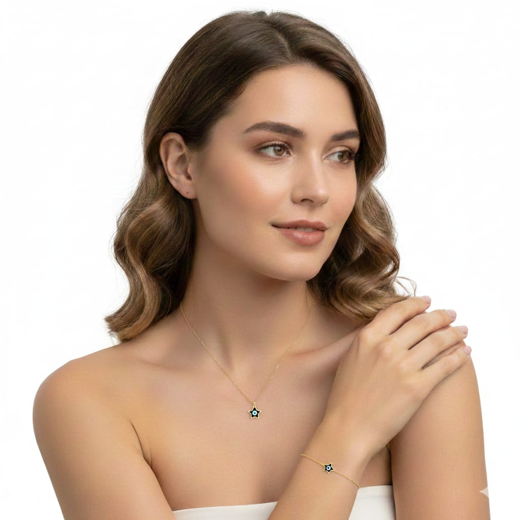 18K Real Gold Star Evil Eye Set