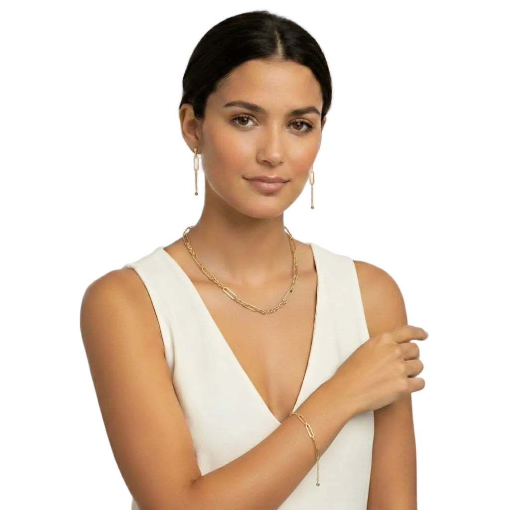 18K Real Gold Paper Clip With Rope Chain Set