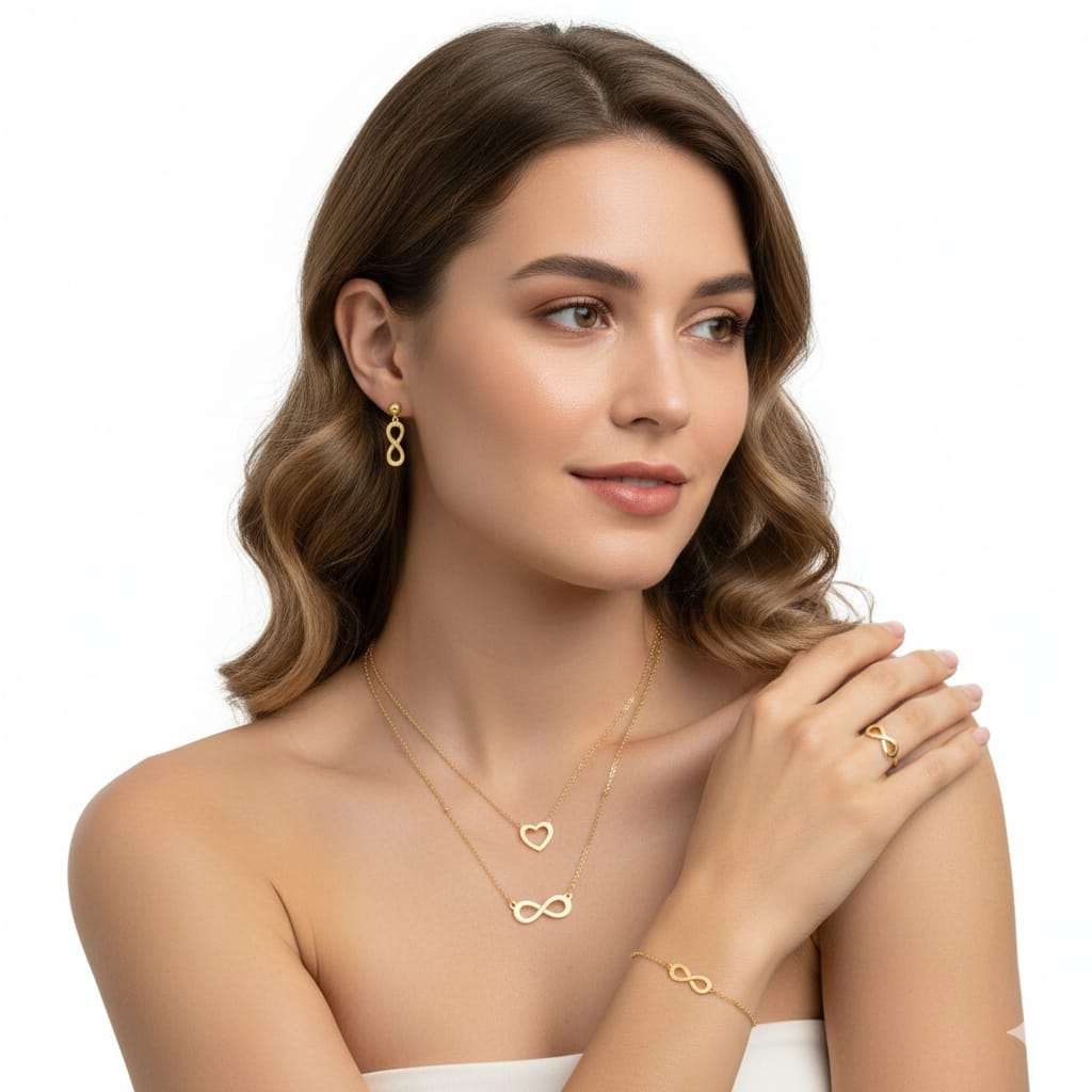 18K Real Gold Infinity With Heart Necklace Bracelet And Earring