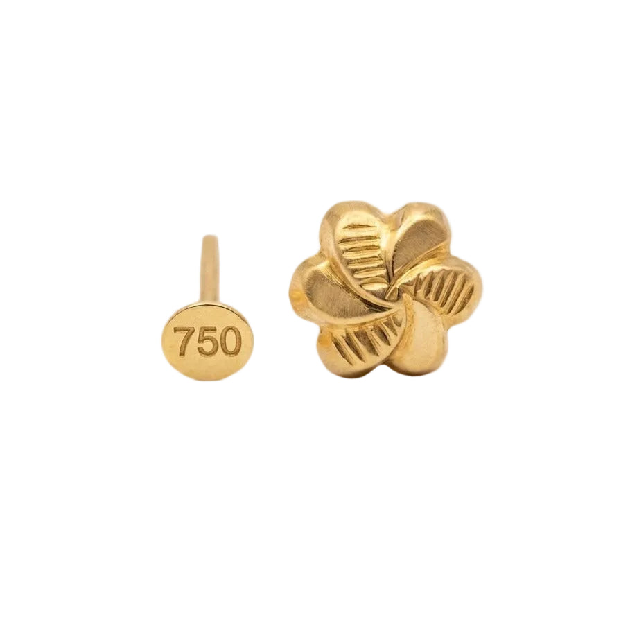 Gold four-leaf clover earrings on a white background