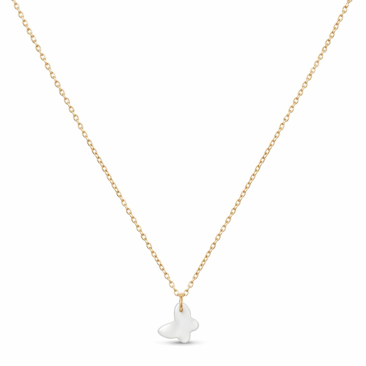Gold necklace with a white pendant on a white background