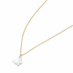 Gold necklace with a white butterfly pendant on a white background