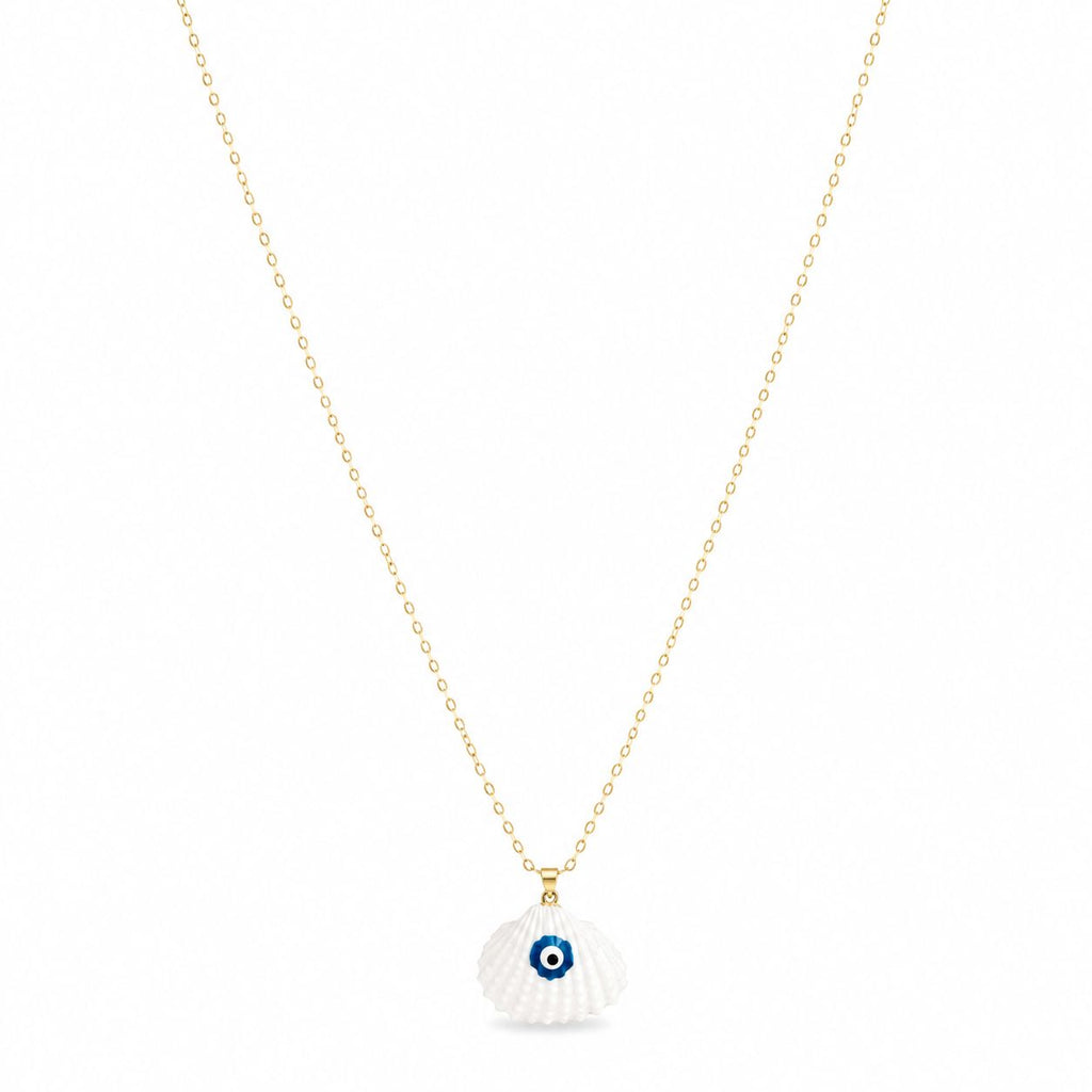 Necklace with a shell pendant featuring an eye design on a white background