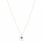 Necklace with a shell pendant featuring an eye design on a white background