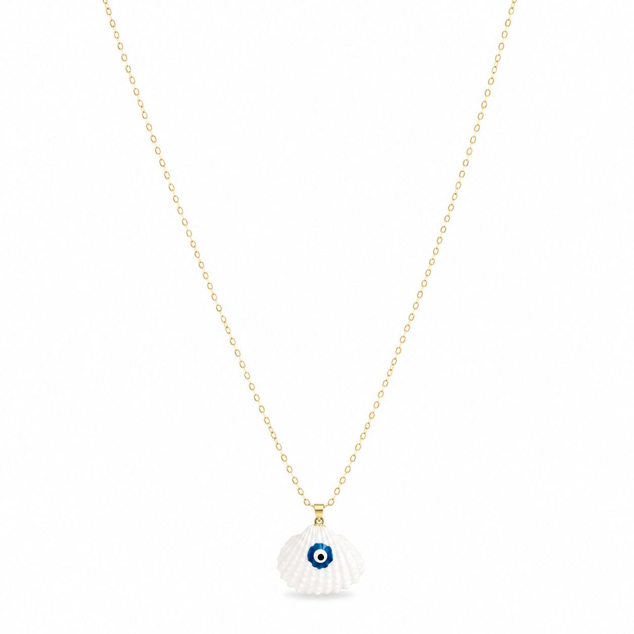 Necklace with a shell pendant featuring an eye design on a white background