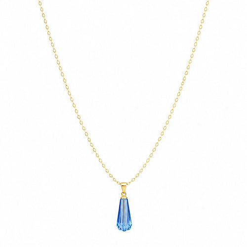 Gold necklace with a blue teardrop pendant on a white background
