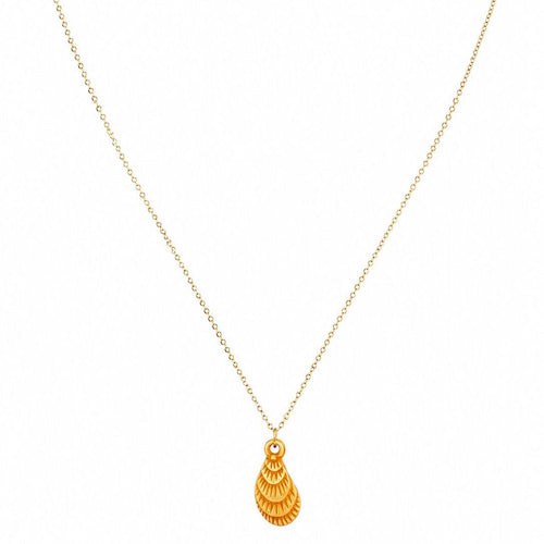 Gold necklace with a teardrop-shaped pendant on a white background