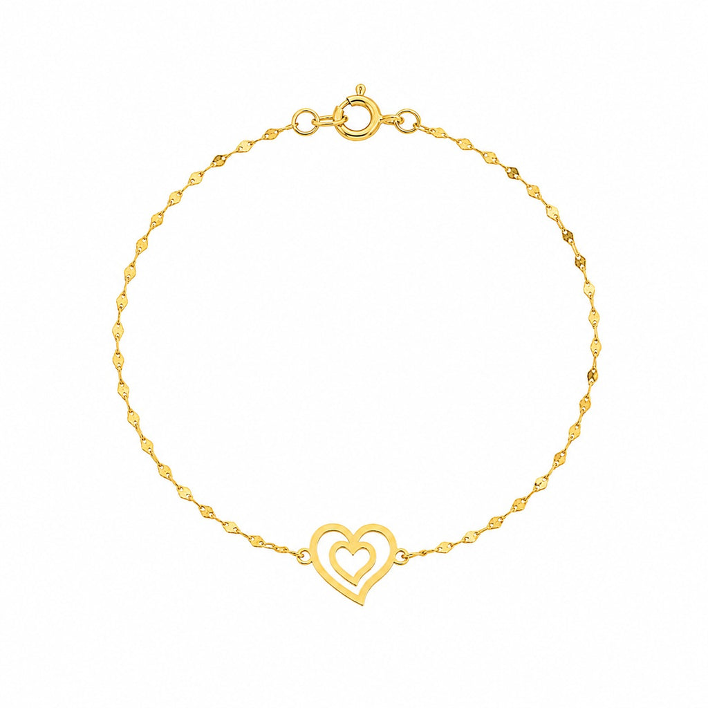 Gold bracelet with a heart-shaped clasp on a white background