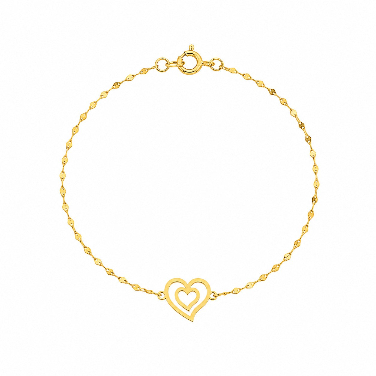 18K Real Gold Heart in Heart with Mirror Chain Bracelet - 18k Gold Bracelet - Embellish Gold