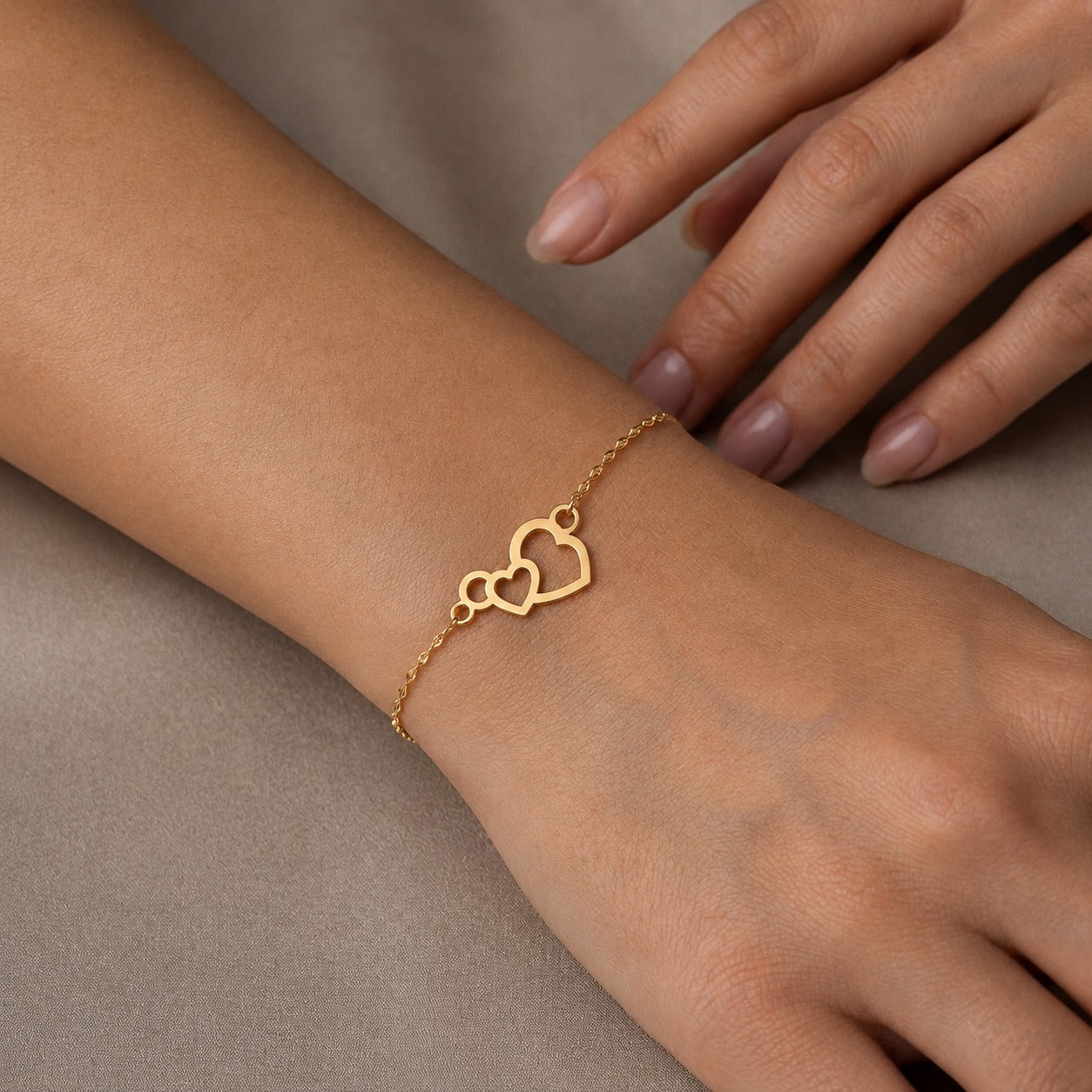 18K Real Gold Side by Side Heart with Mirror Chain Bracelet - 18k Gold Bracelet - Embellish Gold