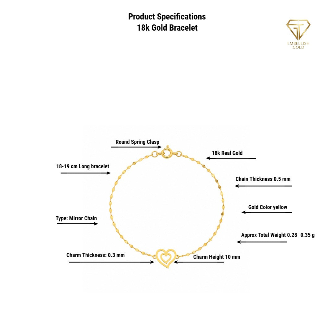 18K Real Gold Heart in Heart with Mirror Chain Bracelet - 18k Gold Bracelet - Embellish Gold