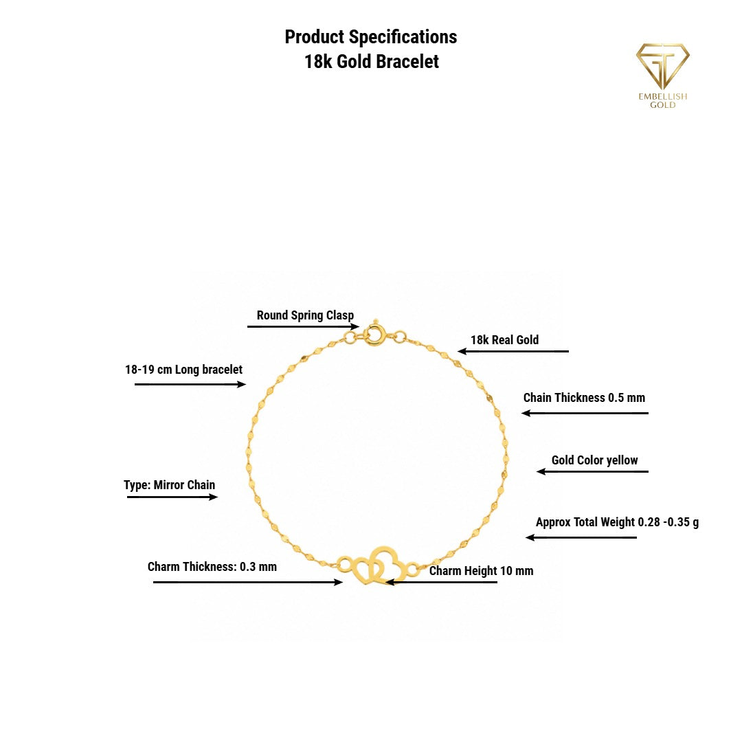 18K Real Gold Side by Side Heart with Mirror Chain Bracelet - 18k Gold Bracelet - Embellish Gold