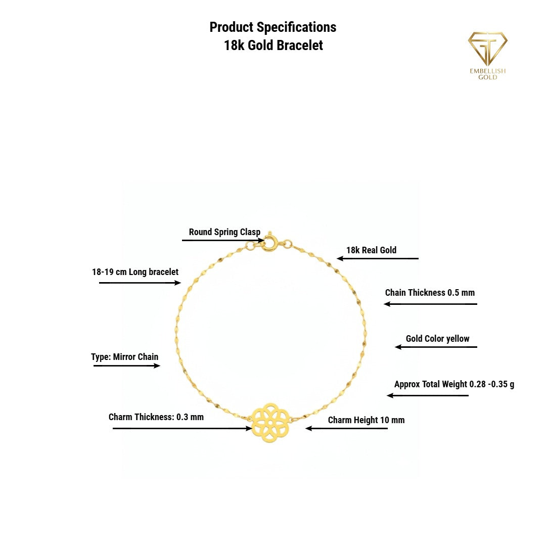 18K Real Gold Flower with Mirror Chain Bracelet - 18k Gold Bracelet - Embellish Gold