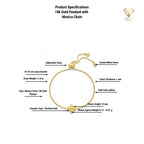 Gold bracelet with product specifications on a white background