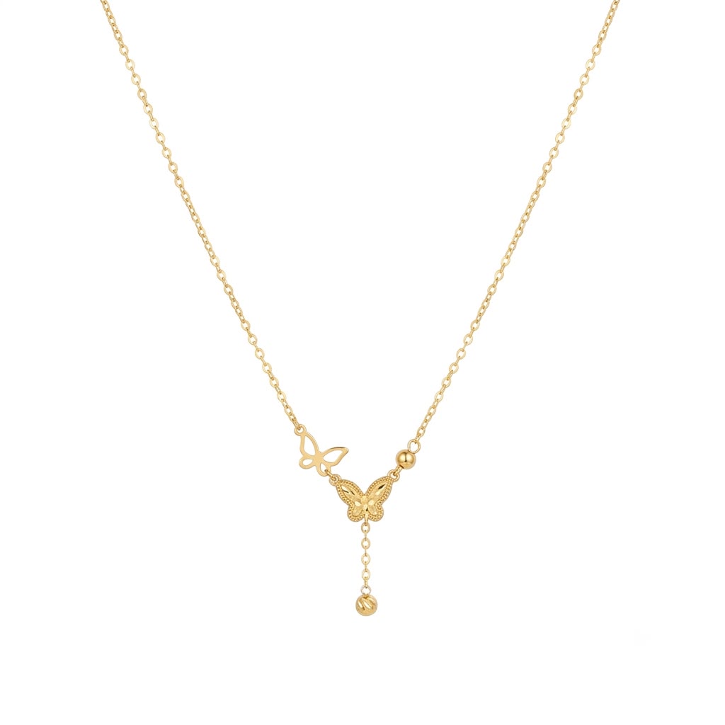 18k Gold Two Butterfly with Hanging Ball Necklace
