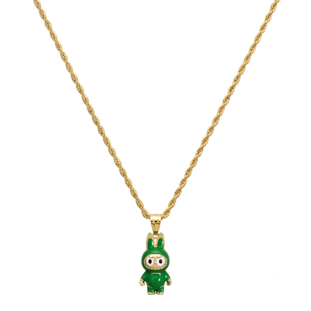 18k Gold Green Labubu Necklace - 18k Gold Necklace - Embellish Gold Jewelry & Diamond