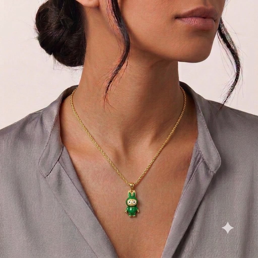 18k Gold Green Labubu Necklace