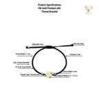 Product specifications diagram for a 18K gold pendant with thread bracelet, showing a circular black thread bracelet with labeled measurements and material details on a white background.