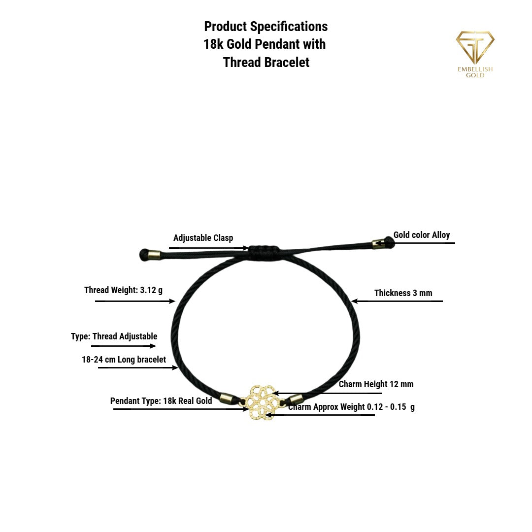 Product specifications diagram for a 18K gold pendant with thread bracelet, showing a circular black thread bracelet with labeled measurements and material details on a white background.