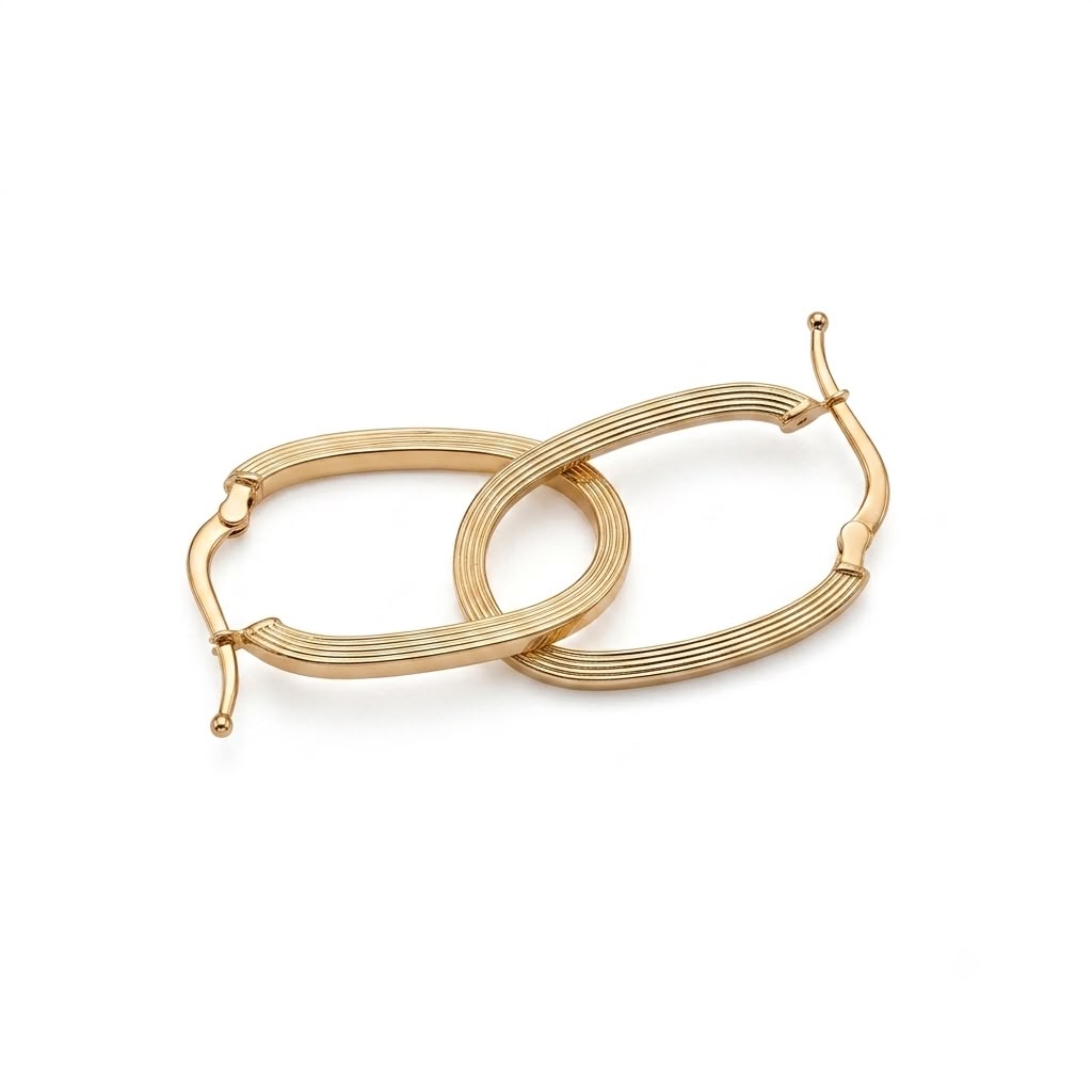 18k Gold Oval Lines Loop Earrings