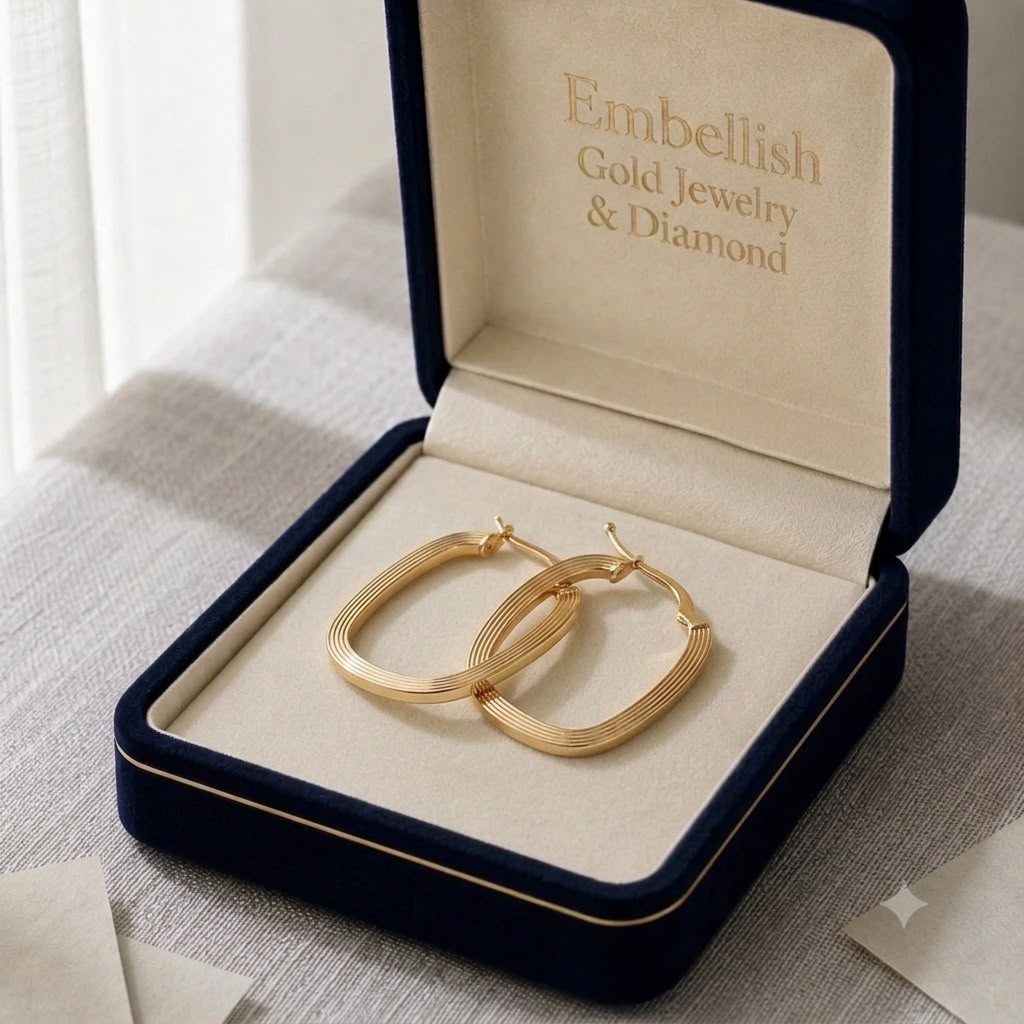 18k Gold Oval Lines Loop Earrings