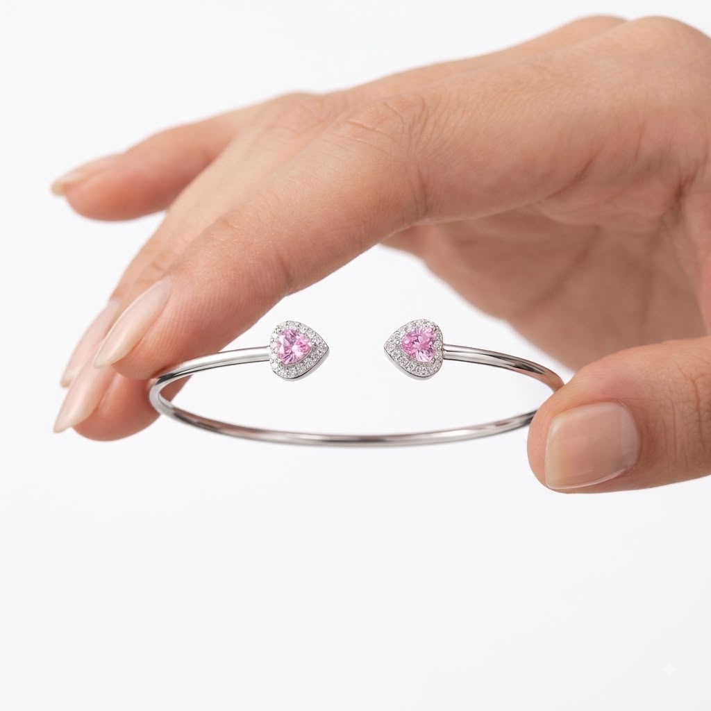 925 Silver Pink Heart Stone Bangle