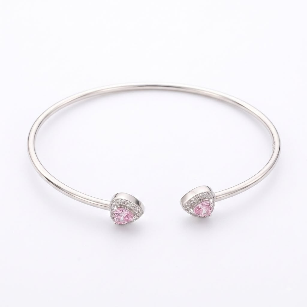 925 Silver Pink Heart Stone Bangle