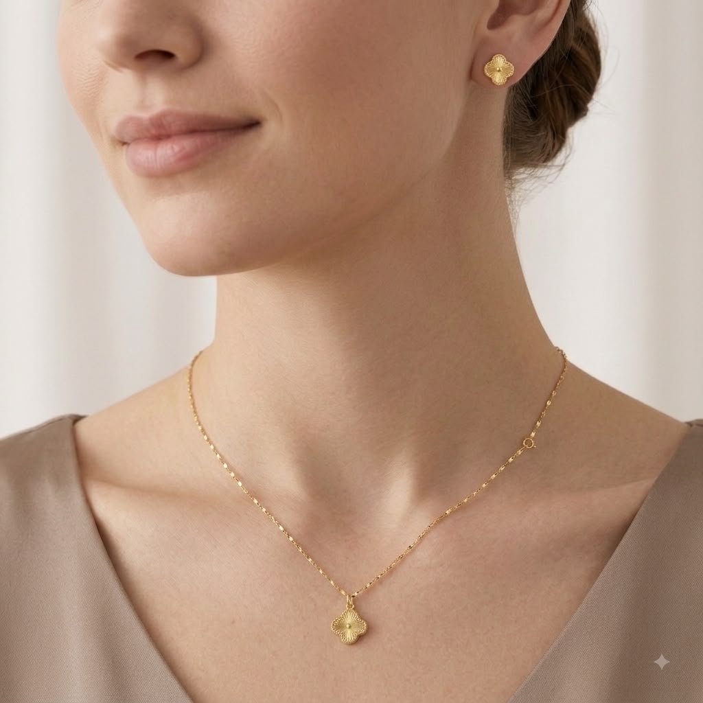 18K Real Gold VC Necklace And Earring Set