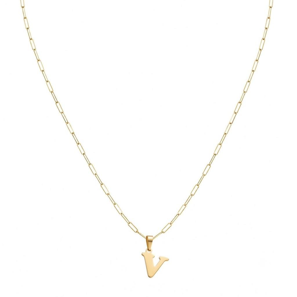 18k Gold V Initial Paperclip Necklace