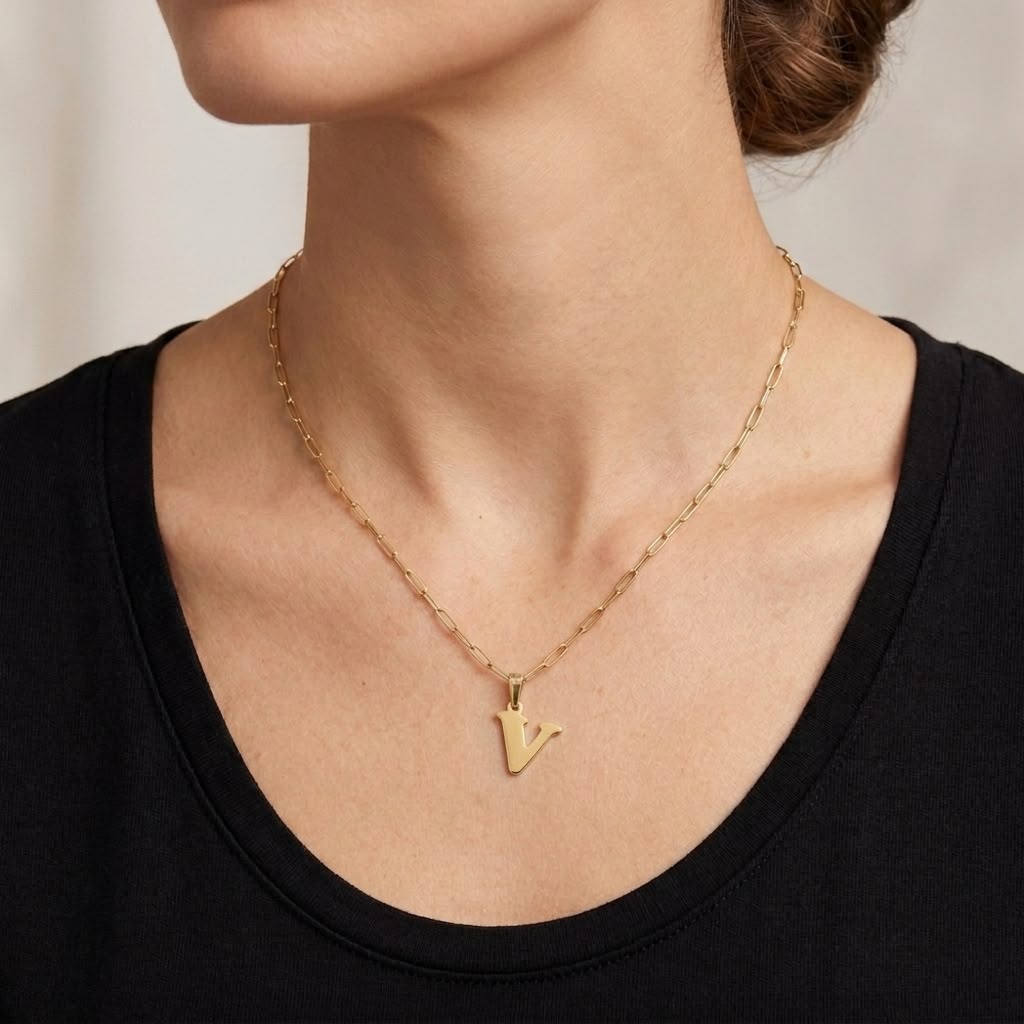 18k Gold V Initial Paperclip Necklace