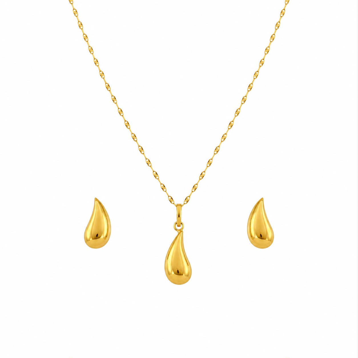 18K Real Gold Tear Drop Necklace And Earring Set
