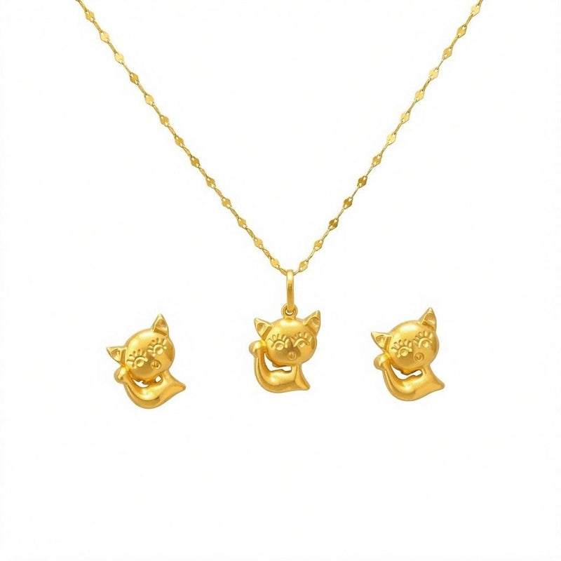 18K Real Gold Kitty Necklace And Earring Set - Jewelry Set - Embellish Gold