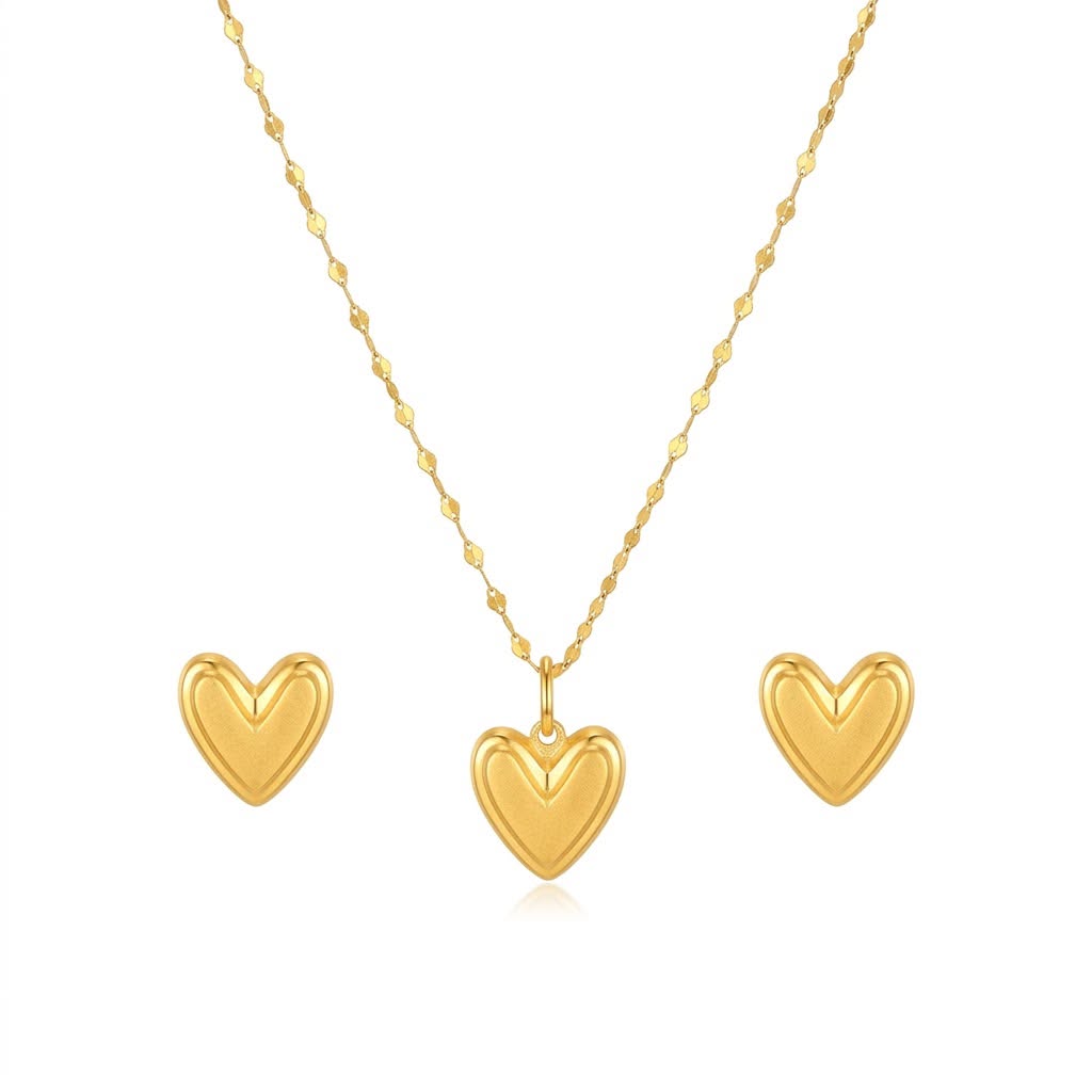 18K Real Gold Happy Heart Necklace And Earring Set - Gold Jewellery - Embellish Gold