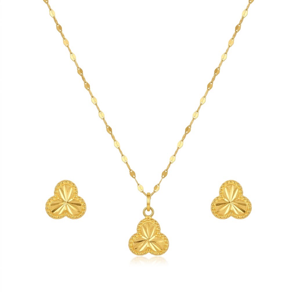 18K Real Gold 3 Petal Necklace And Earring Set - Festive Collection - Embellish Gold