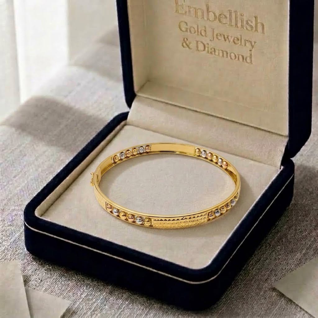 18k Gold Tri Color Ball Line Bangle - 18k Gold Bangle - Embellish Gold Jewelry & Diamond
