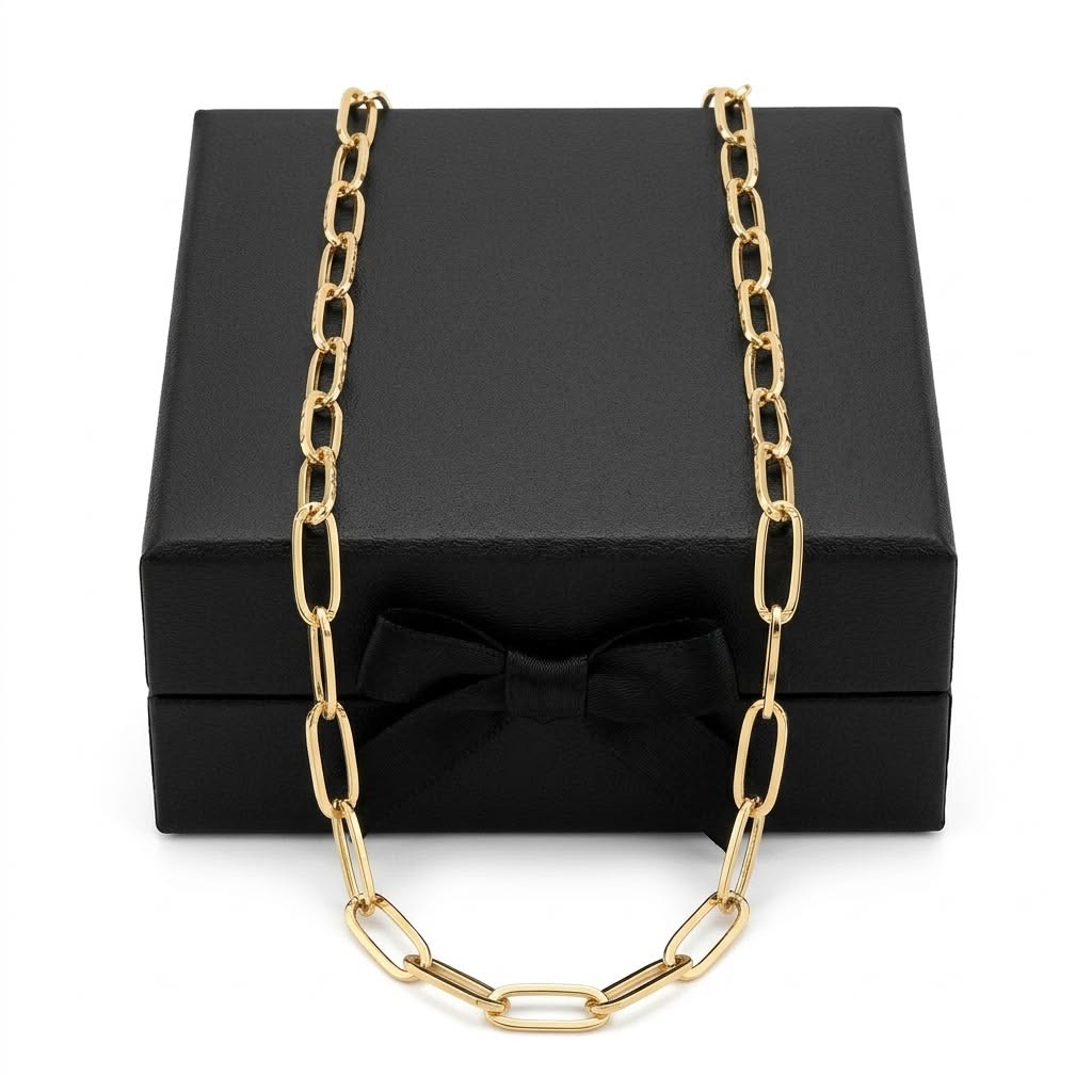 18K Real Gold Hollow Paper Clip Chain - 18k Gold Chain - Embellish Gold