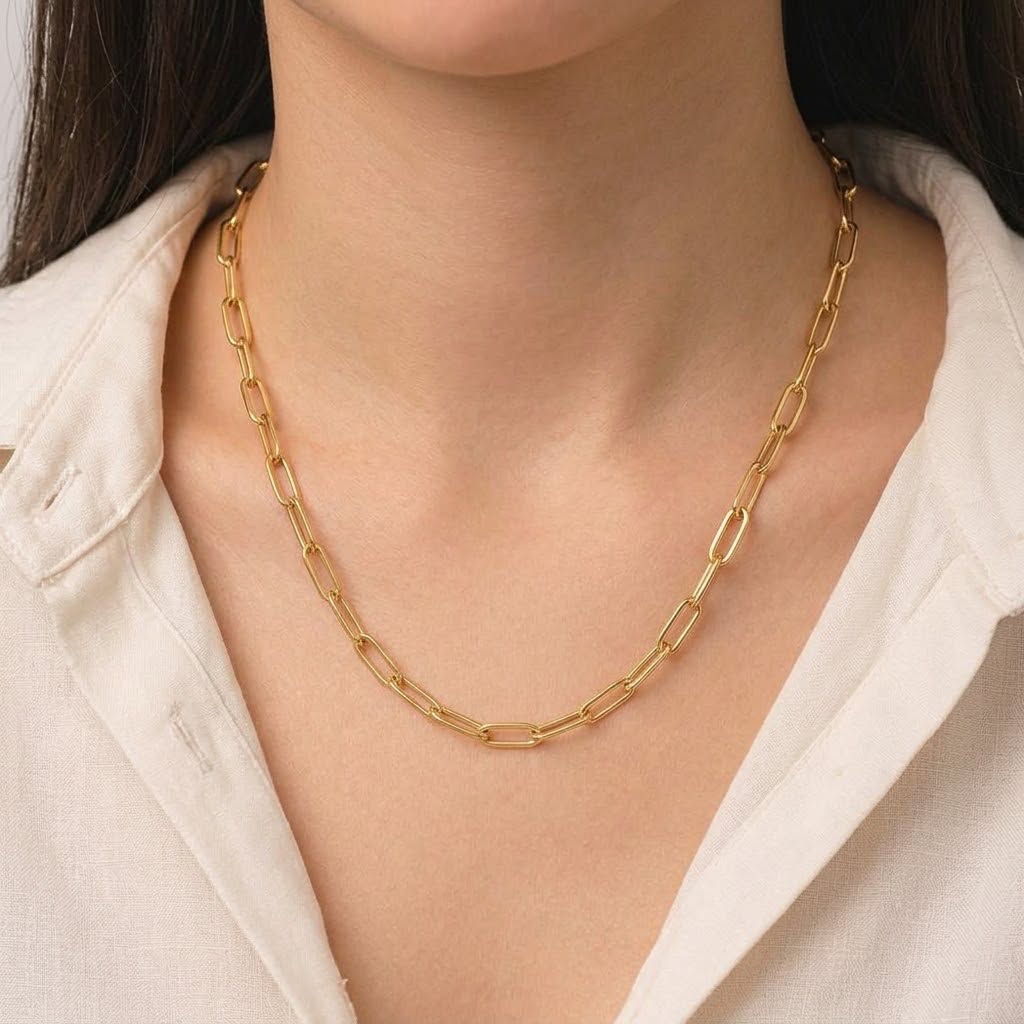 18K Real Gold Hollow Paper Clip Chain - 18k Gold Chain - Embellish Gold