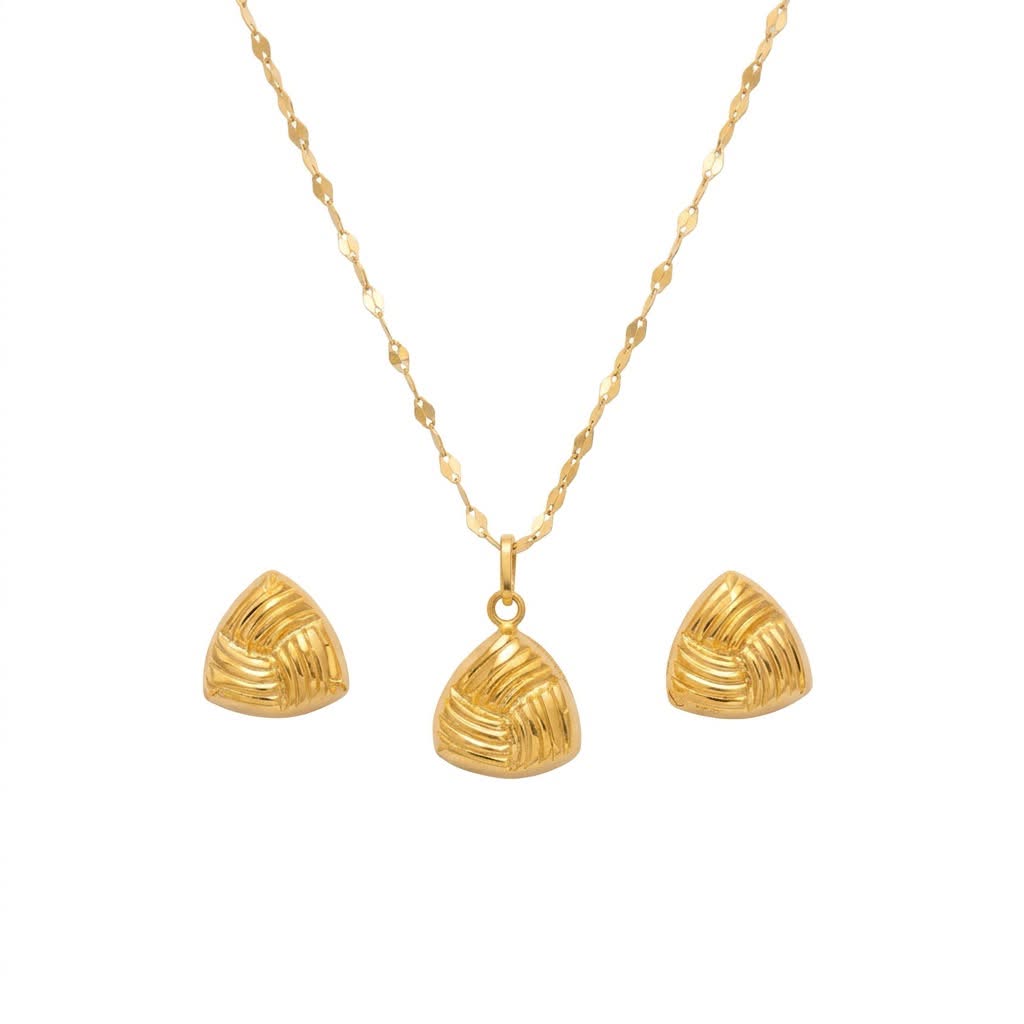 18K Real Gold Pyramid Lines Necklace And Earring Set - Gold Jewellery - Embellish Gold