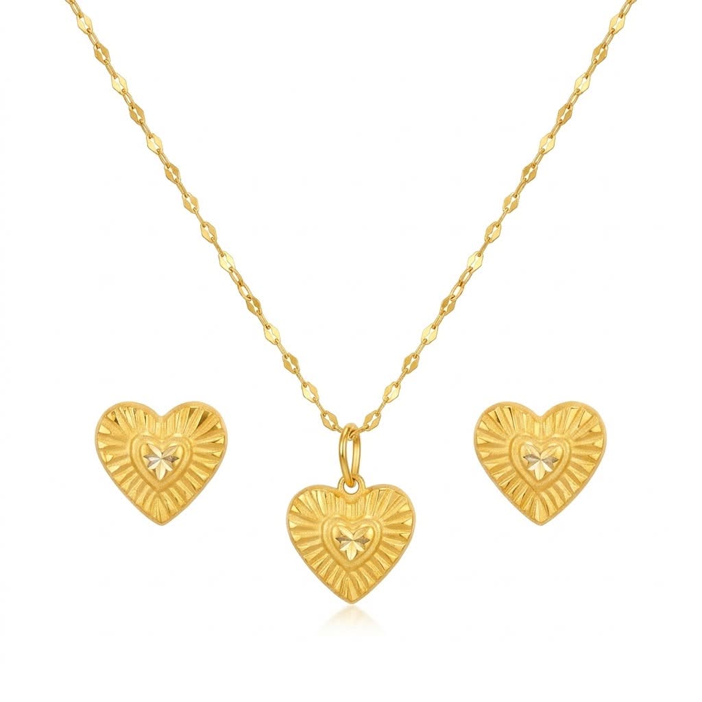 18K Real Gold Double Heart Necklace And Earring Set - Gold Jewellery - Embellish Gold