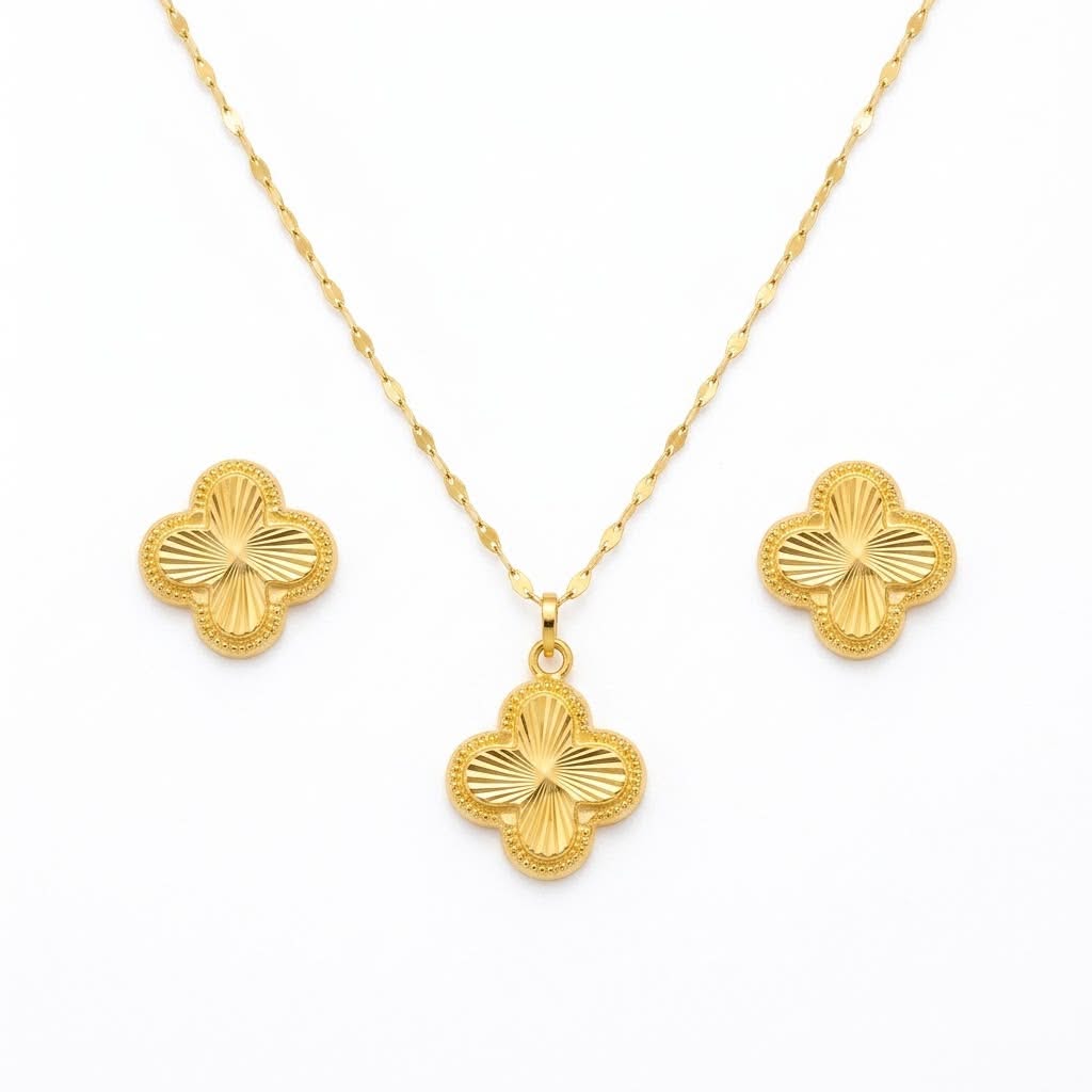 18K Real Gold VC Lines Necklace And Earring Set - Festive Collection - Embellish Gold