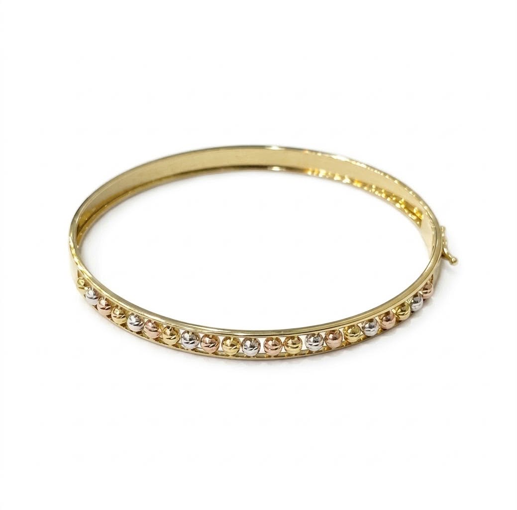 18k Gold Tri Color Ball Flat Bangle - 18k Gold Bangle - Embellish Gold Jewelry & Diamond