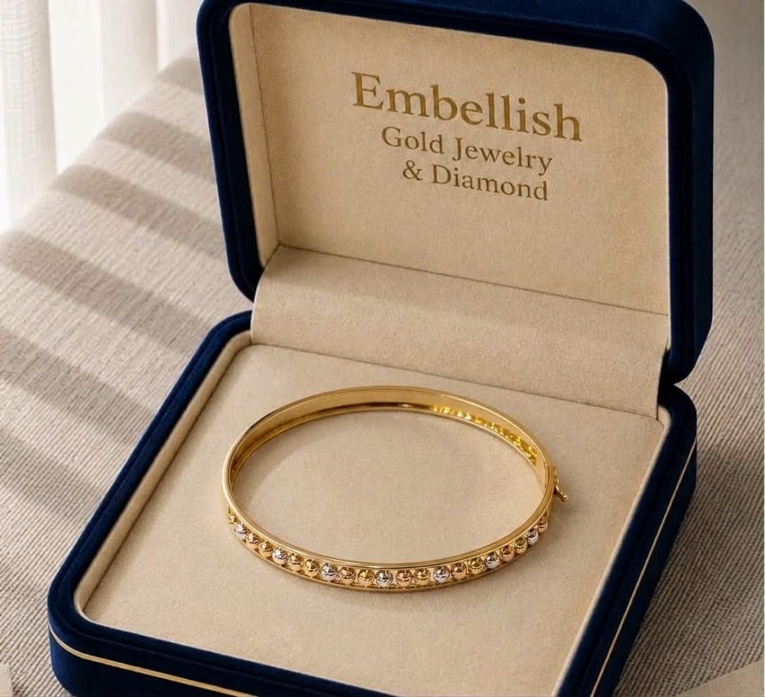 18k Gold Tri Color Ball Flat Bangle - 18k Gold Bangle - Embellish Gold Jewelry & Diamond