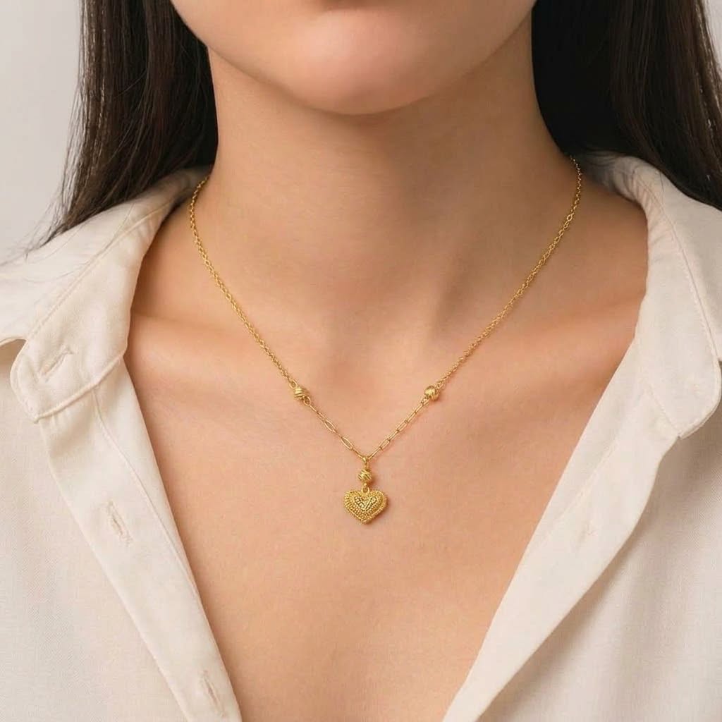 18k Gold Dia Heart Ball Necklace - 18k Gold Necklace - Embellish Gold Jewelry & Diamond
