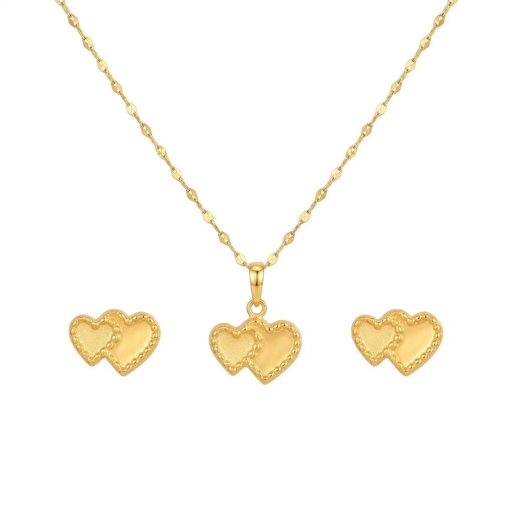 18K Real Gold Dual Heart Necklace And Earring Set - Gold Jewellery - Embellish Gold