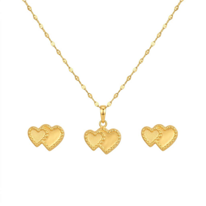 18K Real Gold Dual Heart Necklace And Earring Set - New Launch - Embellish Gold Jewelry & Diamond