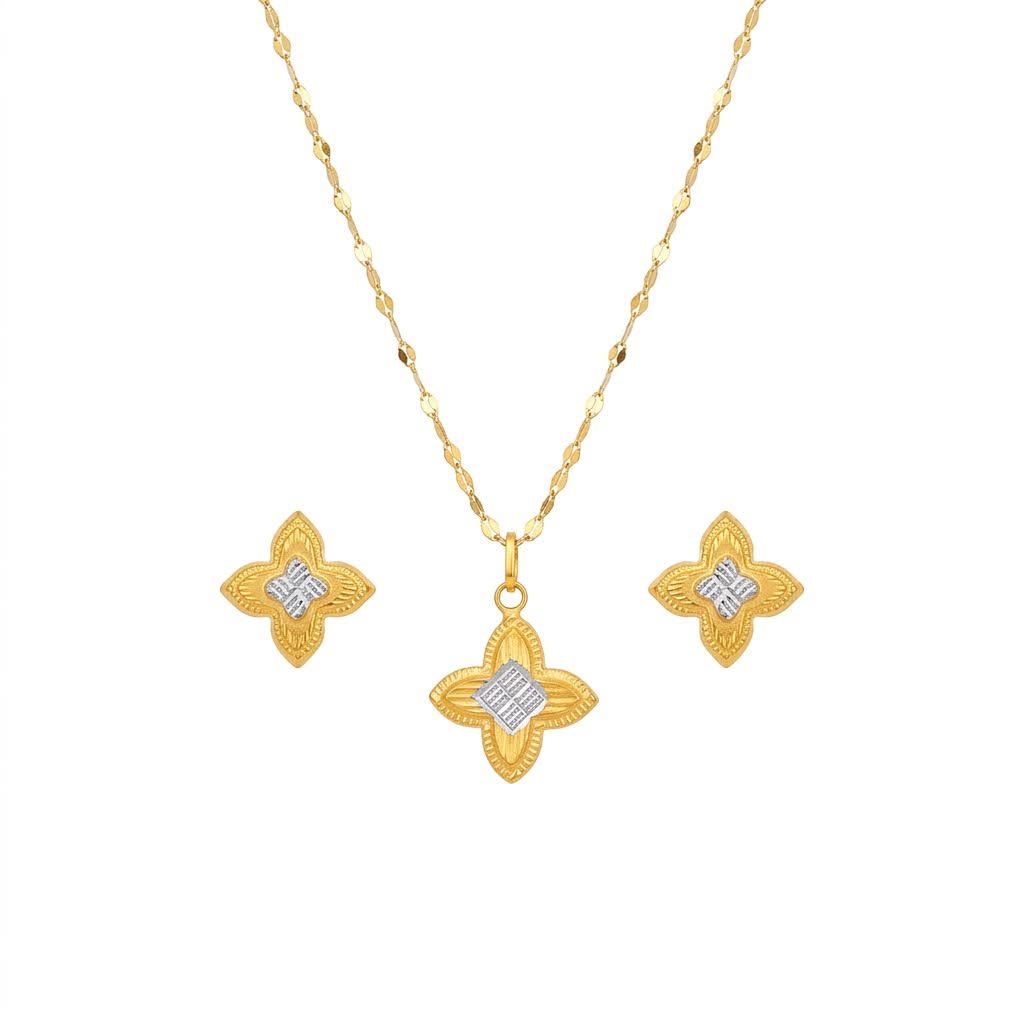 18K Real Gold Rob 2 Tone Flower Necklace And Earring Set - Festive Collection - Embellish Gold