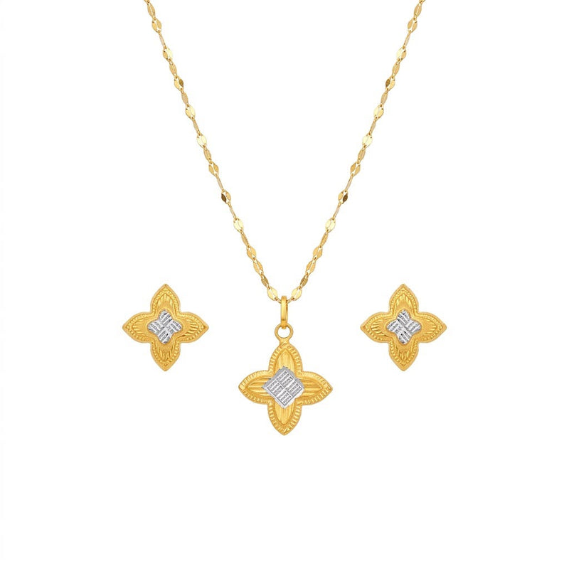 18K Real Gold Rob 2 Tone Flower Necklace And Earring Set - New Launch - Embellish Gold Jewelry & Diamond