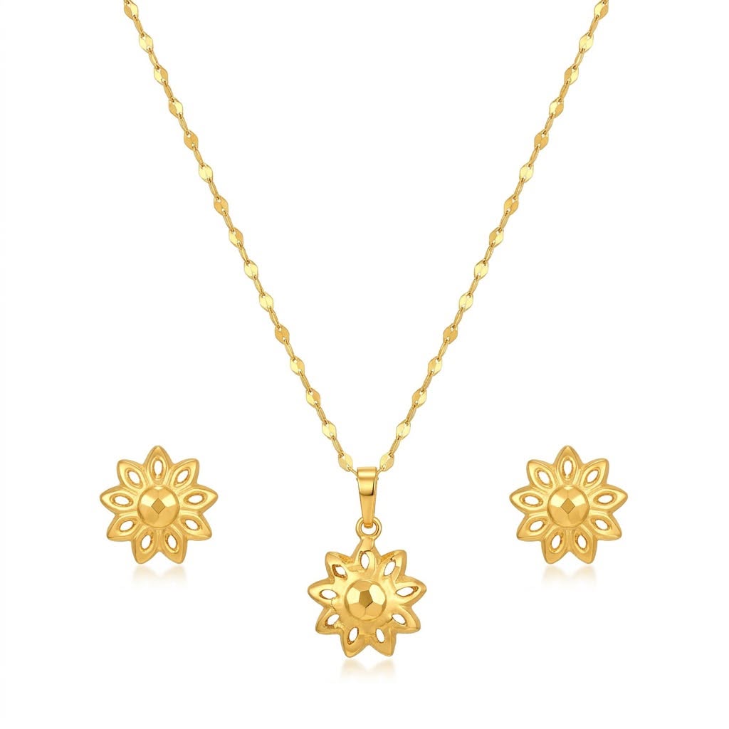 18K Real Gold Spike Flower Necklace And Earring Set - Festive Collection - Embellish Gold Jewelry & Diamond